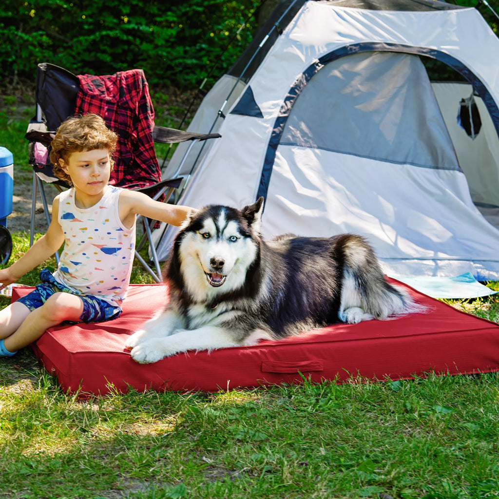 FurHaven Cooling Dog Bed – XXL Foam Mattress for Joint Pain Relief, Waterproof Liner, Removable Washable Cover, Durable for Outdoor Use, Deluxe Grid Indoor/Outdoor Bed – Red, Jumbo Plus