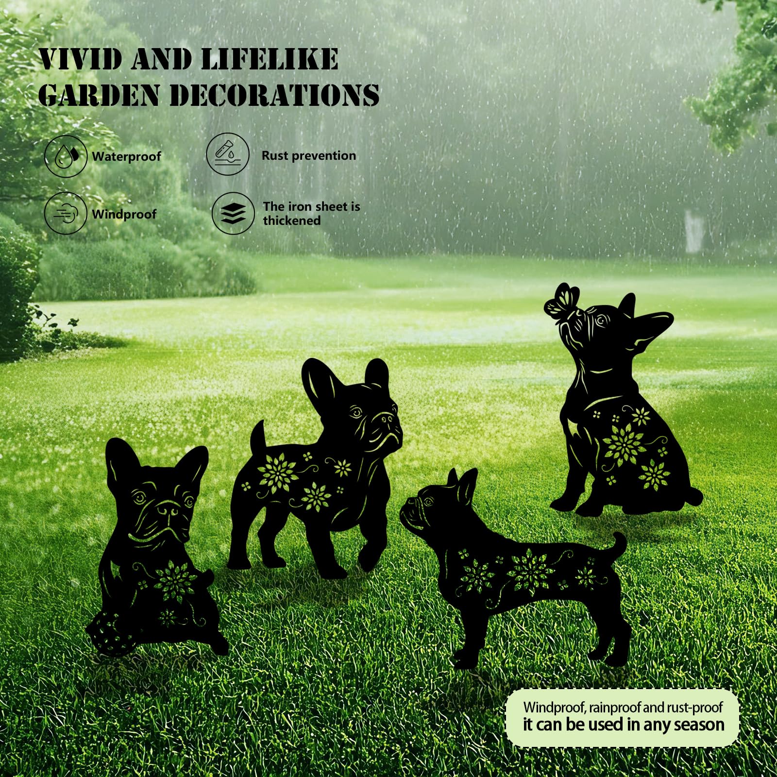 Yonisun 4 Pack Bulldog Metal Garden Decorative Stakes, Weather Proof Puppy Silhouette Statues for Yard, Patio,Outdoor Decor for Bulldog Lovers and Pet Owners