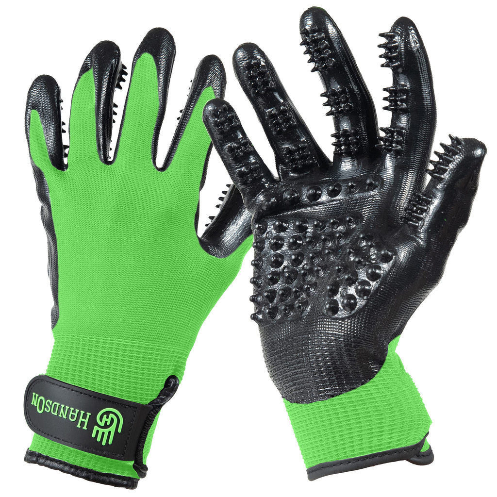 Pet Shedding, Bathing, Grooming, Hair Removing Gloves, Gentle Brush for Cats, Dogs, Horses by the #1 Ranked, Award-Winning Handson Gloves (Green, Large)