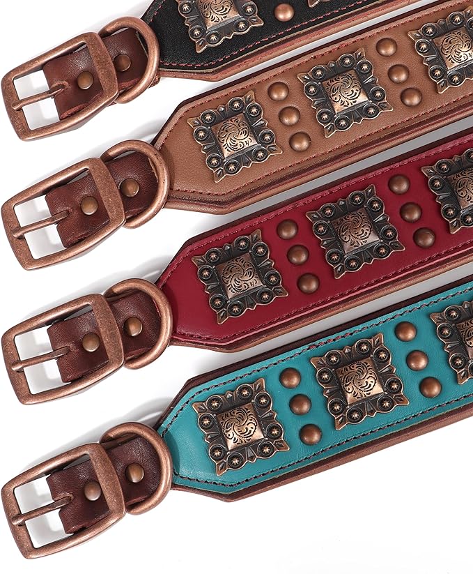 PET ARTIST Soft Padded Leather Dog Collar, 2 inch Wide Genuine Leather Dog Collars with Stylish Studded Rivet & Metal Buckle, Luxury & Adjustable Pet Collars for Medium Dogs,Green,Neck 16-19"