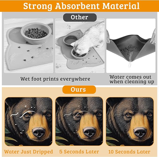 Brown Bear Dog Food Mat,Forest Absorbent Pet Feeding Mat for Food and Water Bowl,Quick Dry Dog Placemat Non Slip Rubber Backing Waterproof Pet Supplies 12" x 20"