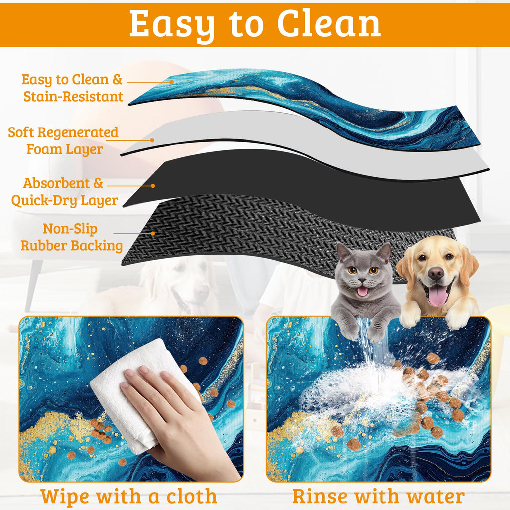 Dog Bowl Mat,Blue Gold Marble Pet Feeding Mat for Floors Waterproof,Flowing Absorbent Dogs Placemat for Food and Water Quick Dry Pet Cat Feeding Mats with Non Slip Bottom 12" x 20"