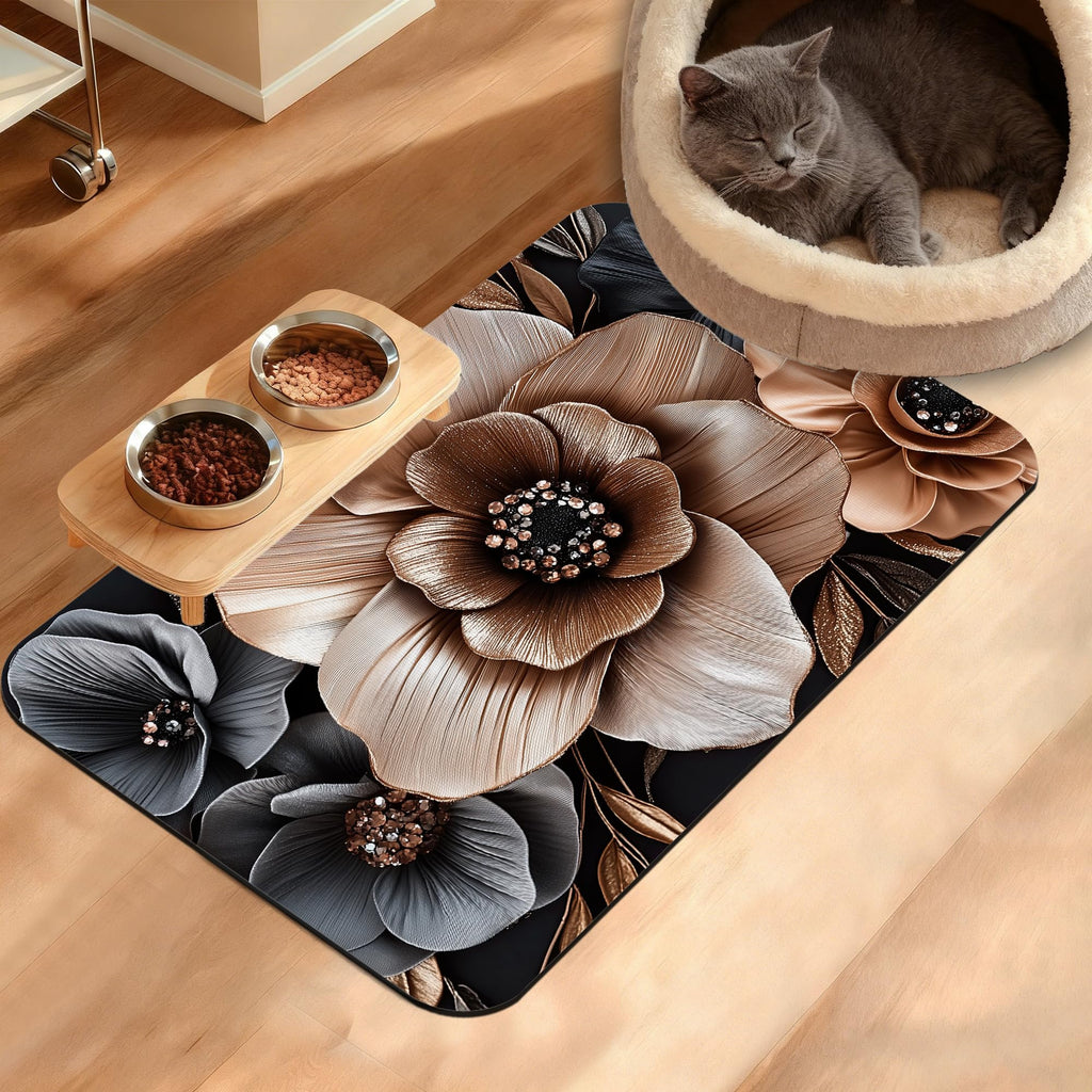 Black Brown Flower Feeding Mat,Artistic Absorbent Quick-Dry Cat Dog Food and Water Bowl Mats,Non-Slip Rubber Backing Mat,Cat Dog Accessories Supplies 16" x 24"