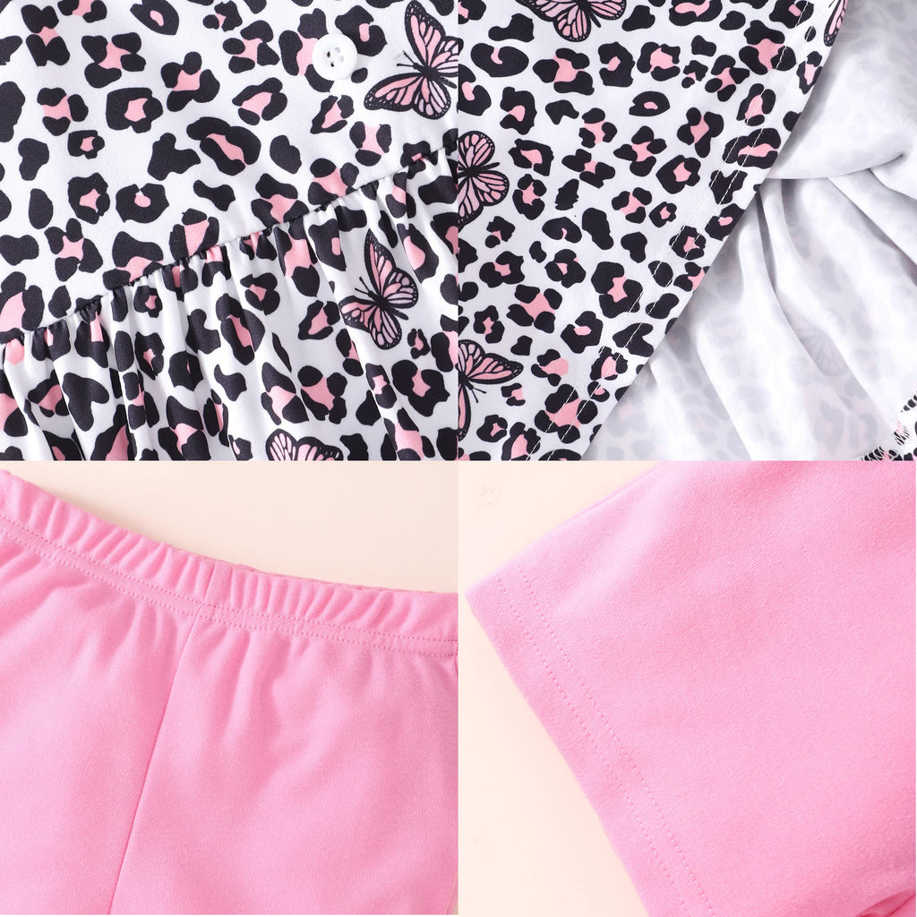 Popshion Girl's Summer 2 Piece Leopard Outfits Flutter Sleeve Butterfly Tank Top and and Cute Summer Short Set Toddler Clothing Set Size 4t/6657