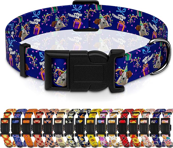 Dog Collar, Classical Birthday Gift Boys Girls Puppy Collar for Small Medium Large Dogs, Adjustable Soft Pet Collar with Safety Buckle for Male Females(Purple Birthday, S)