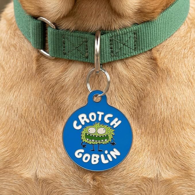 Bad Tags Personalized Dog and Cat ID Tags in 25+ Designs and 2 Sizes - 5 Lines of Custom Engraved Text - Funny Cute Personalized Pet Tags (Crotch Goblin, Large (1.25 inch))