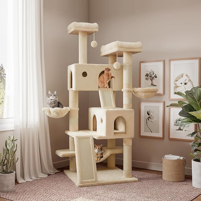 SHA CERLIN 65in Larger Cat Tree Tower Condo for Indoor Kitties/Multi-Level Furniture Activity Center with Wide Base/Cozy Plush Perches/Baskets/Sisal Scratching Posts and Hammock/White & Black Spot