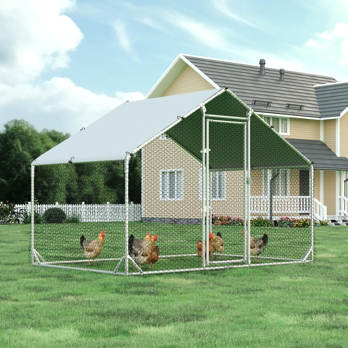 4ever2buy Metal Chicken Coop, 9.2x6.3 FT Walk-in Chicken Run Pen Poultry Cage, Water-Resistant & Anti-UV Cover, Large Chicken Coop for 6-8 Chickens