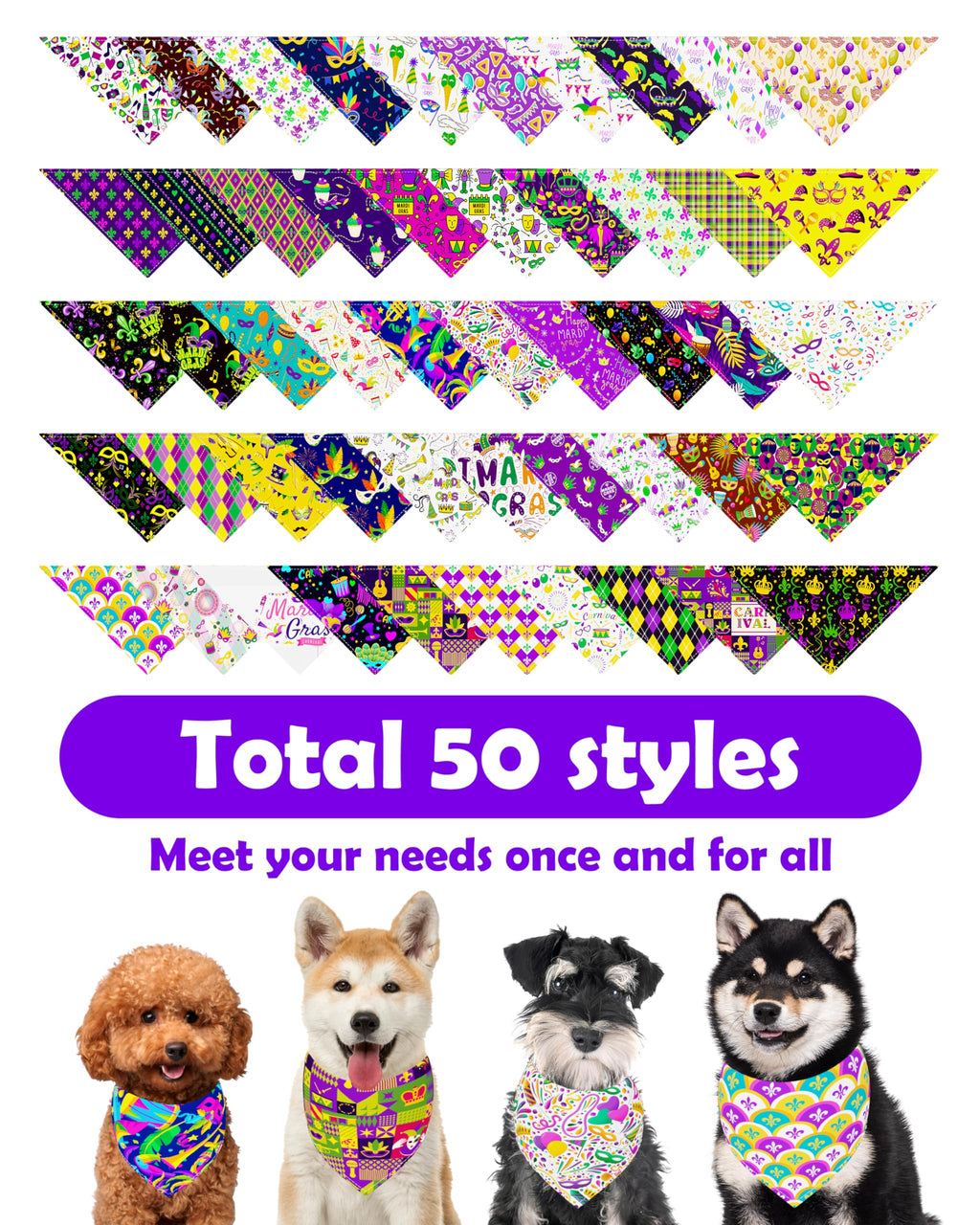 PET SHOW 50 Pack Mardi Gras Dog Bandanas Bulk for Medium Dogs