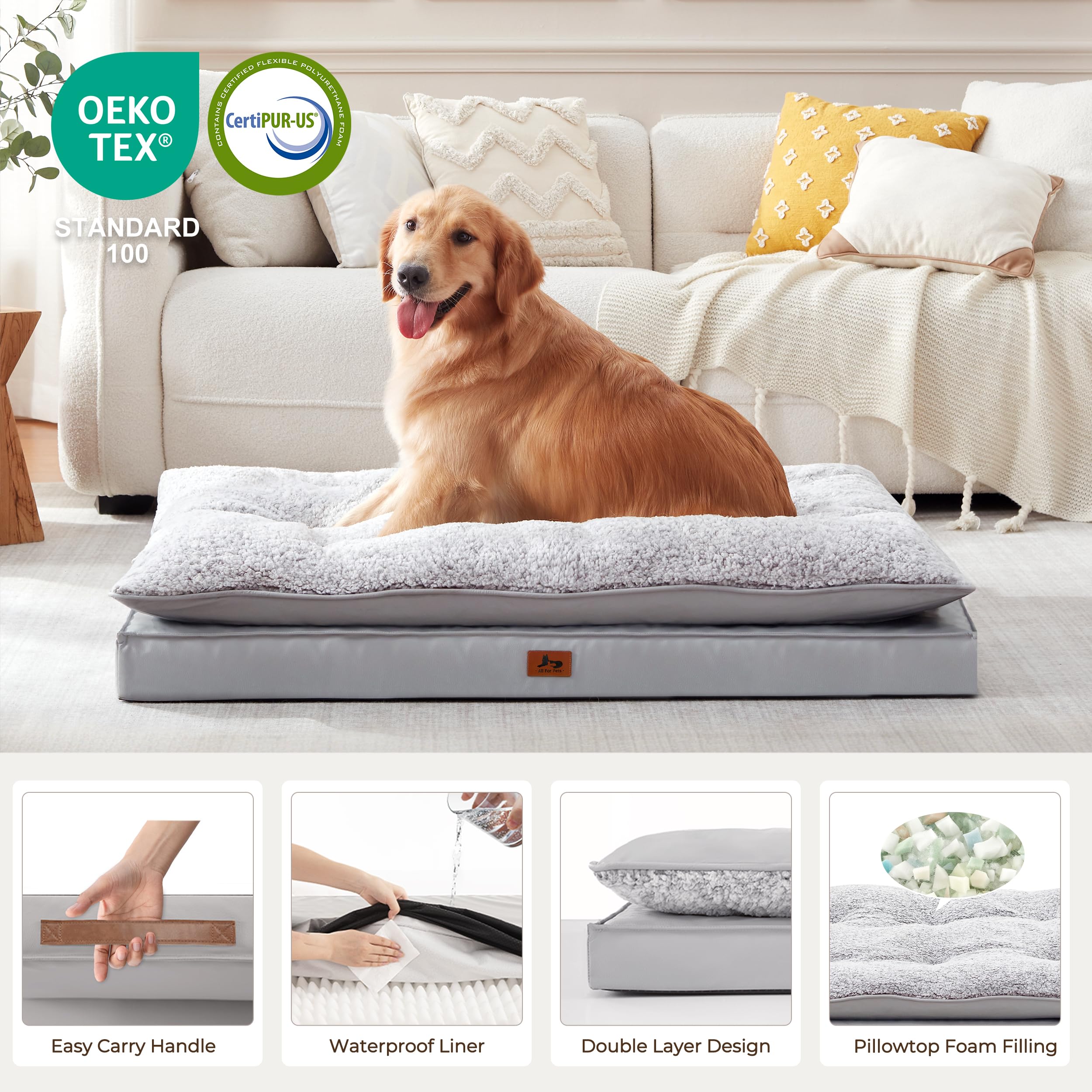 Warmrest 2-Pack Dog Bed Medium Size Dogs, Waterproof Orthopedic Dog Mattress for Large Dogs, Washable Dog Crate Bed with Removable Cover, Light Grey, 55"
