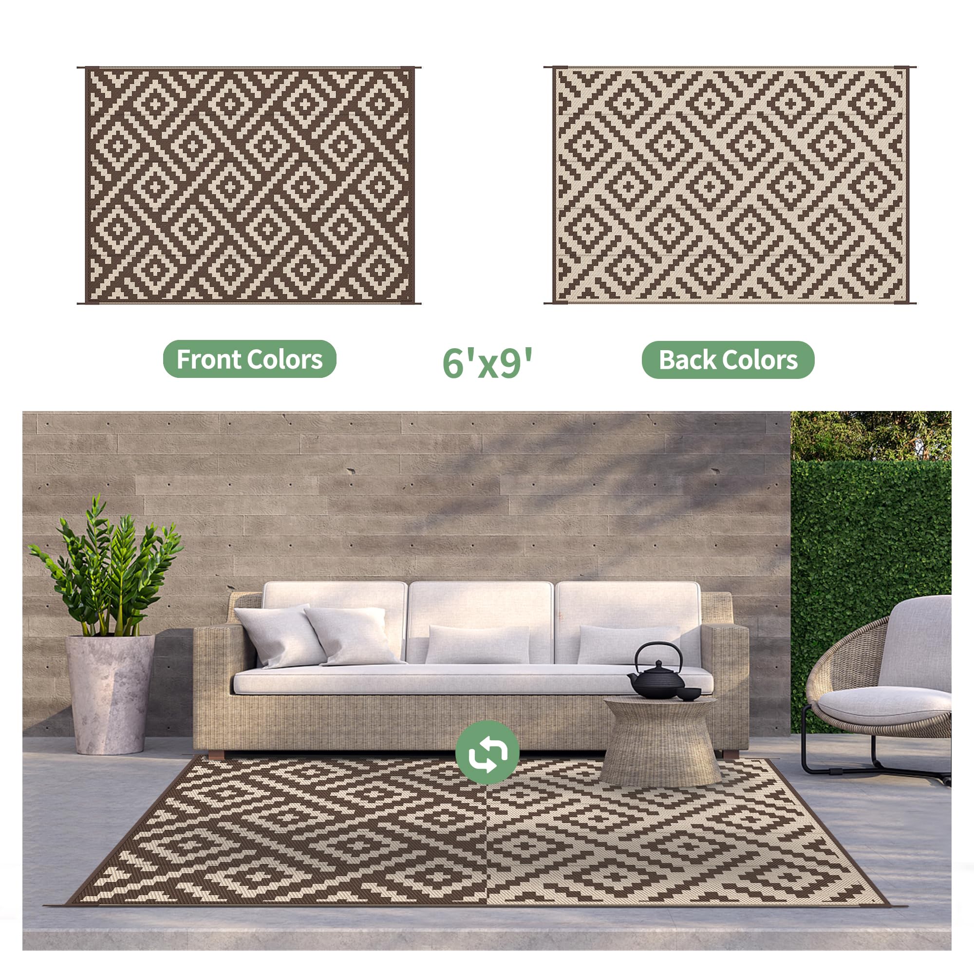 GENIMO Outdoor Rug, Waterproof Plastic Rugs for Patio, 6'x9' Coffee Beige