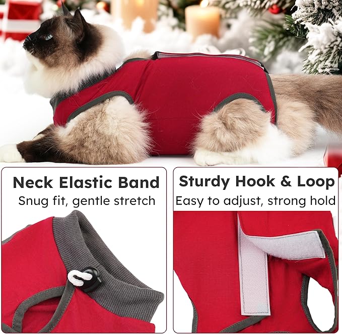 Hpetppy Cat Recovery Suit, Breathable Cat Surgery Recovery Suit Female, Kitten Onesie for After Surgery Spay Surgical Abdominal Wound Skin Diseases Cone of Shame Alternative (Red,S)