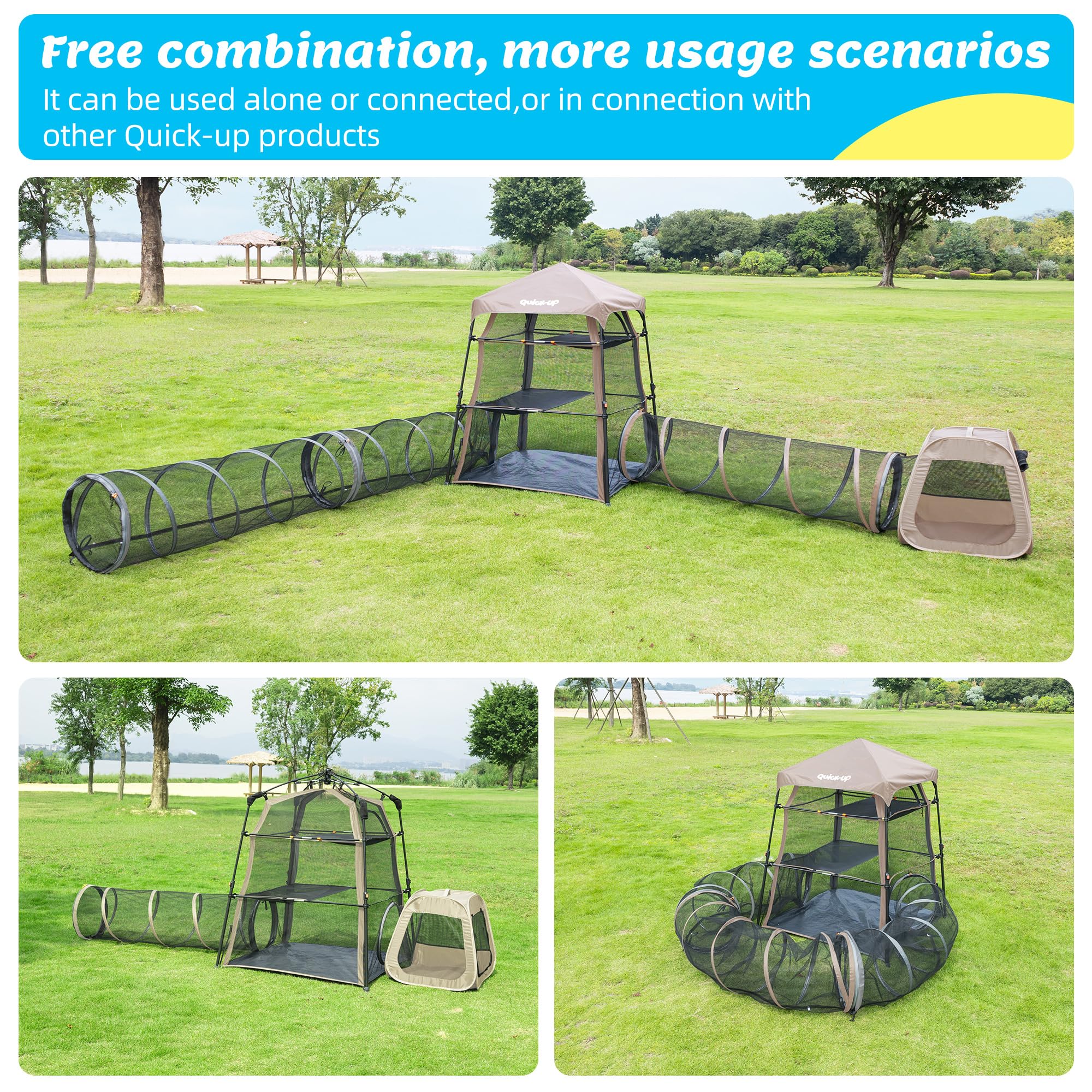 3 in 1 Portable Cat Enclosures with Tunnel & Cat House, Quick Setup Foldable Indoor Outdoor Cat Play Tent for Pet Families, Upgraded Stable Frame, Extra Large Space, Storage Bag + Cat Wand & Balls