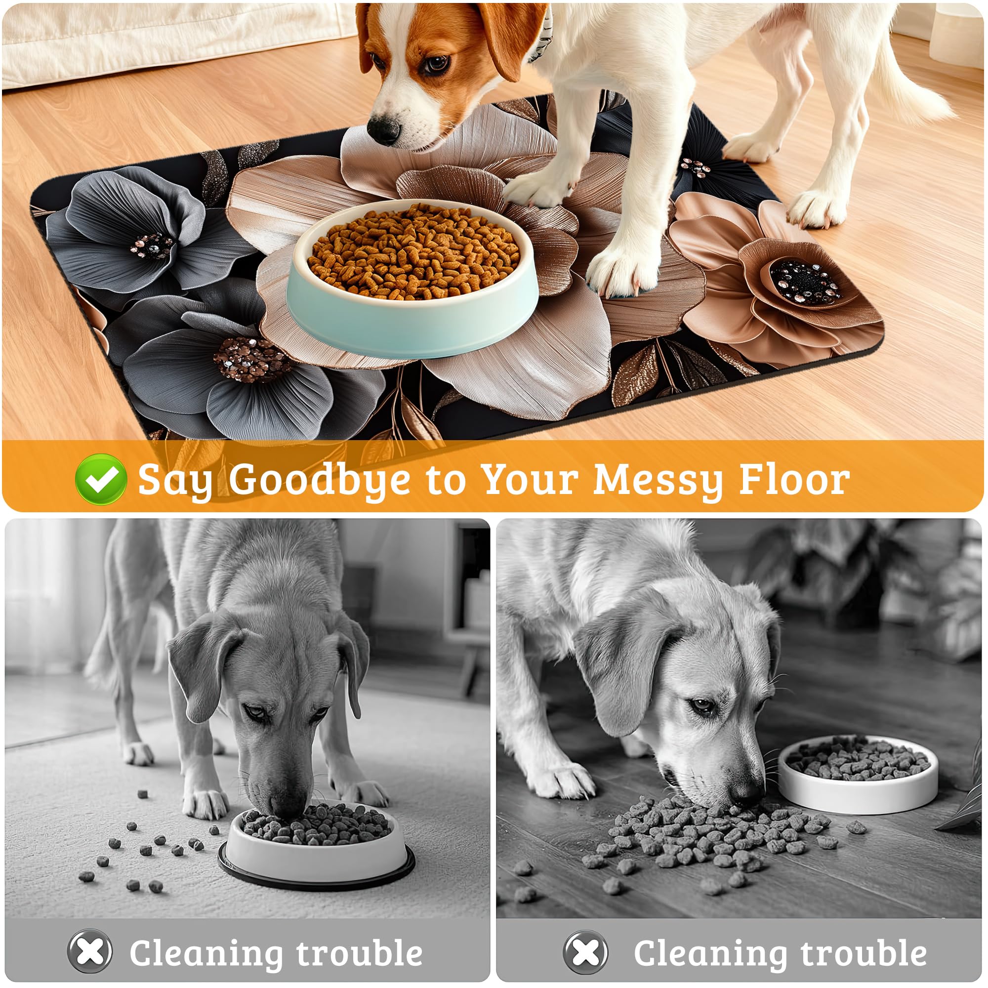 Black Brown Flower Feeding Mat,Artistic Absorbent Quick-Dry Cat Dog Food and Water Bowl Mats,Non-Slip Rubber Backing Mat,Cat Dog Accessories Supplies 12" x 20"