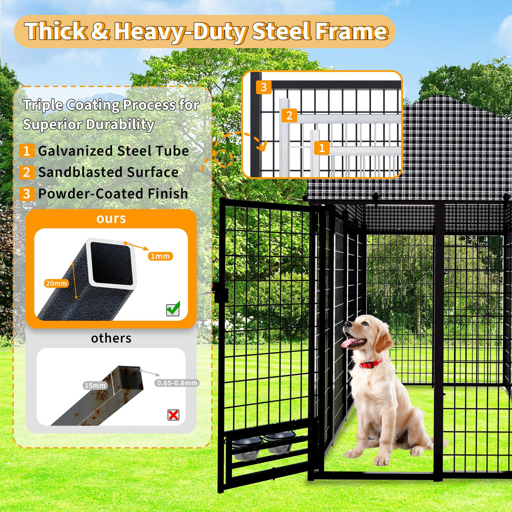 Kicari Large Dog Kennel Outside with Roof, Heavy-Duty Indoor Outdoor Dog Run Dog Enclosure with Removable Cover, Dog Pens Outside Playpen with Latch-Lock & Swivel Feeding Door, 4x8x6 Ft