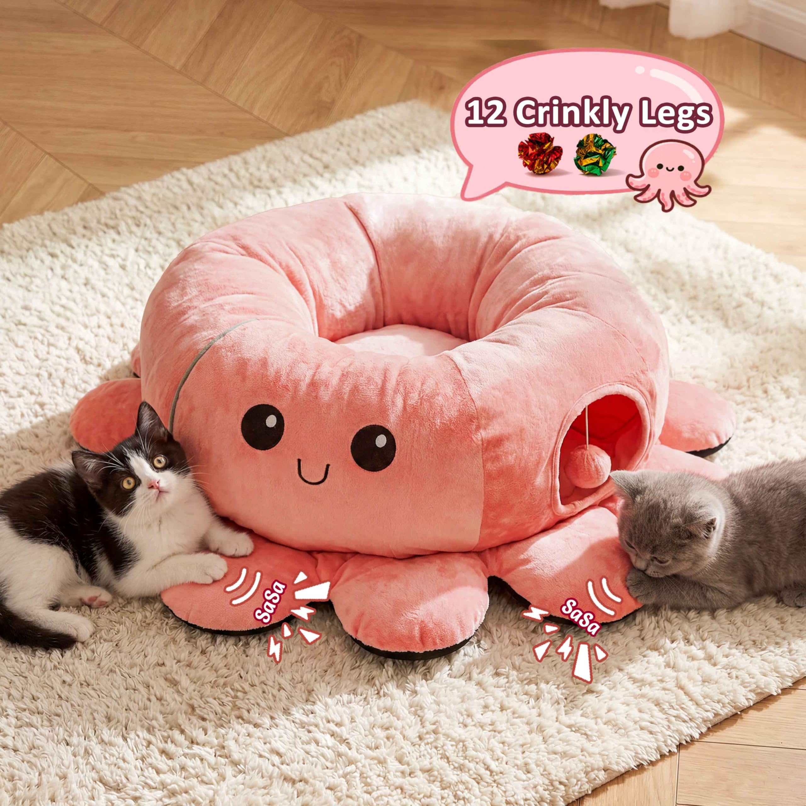 VIEFIN Cat Tunnel Bed with 20 Cat Toys, Collapsible Play Tunnel for Indoor Cats, Kitten Toys for Indoor Kittens, Octopus Shaped