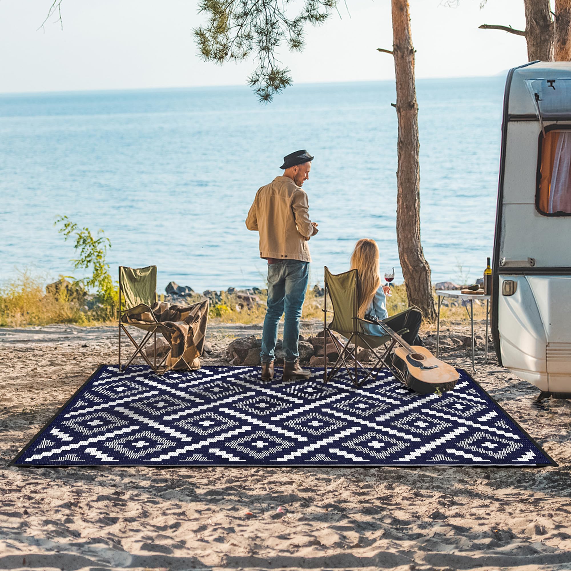 GENIMO Outdoor Rug, Waterproof Plastic Rugs for Patio, 6'x9' Navy Blue