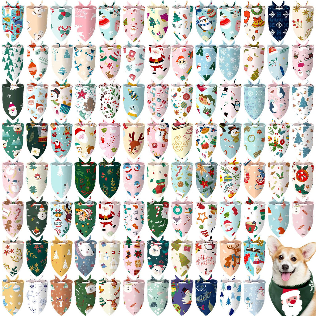 Huhumy 100 Pcs Christmas Dog Bandanas Bulk Pet Bibs Colorful Triangle Scarf Xmas Pet Bandanas for Medium Large Dogs Christmas Party Xmas Costume Decor