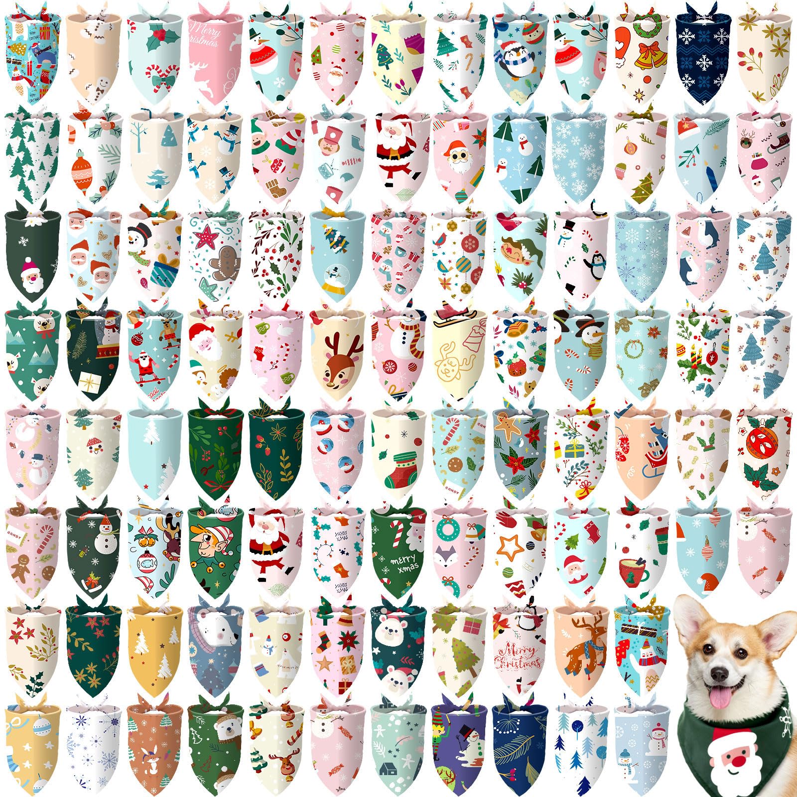 Huhumy 100 Pcs Christmas Dog Bandanas Bulk Pet Bibs Colorful Triangle Scarf Xmas Pet Bandanas for Medium Large Dogs Christmas Party Xmas Costume Decor