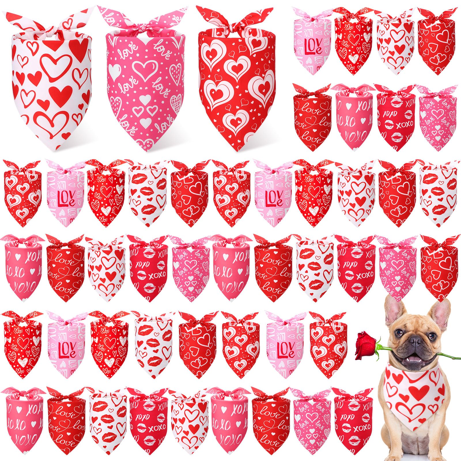 Weewooday 50 Pcs Valentines Dog Bandanas Bulk for Dogs Soft Bibs Adjustable Triangle Pet Bandana for Small Medium Large Costume(Heart Pattern, 25.6 x 17.7 x 17.7 Inch)
