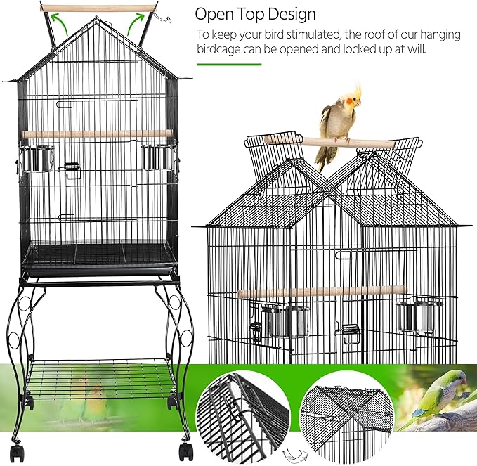 Yaheetech 57" Open Top Bird Cage with Detachable Rolling Stand & Storage Shelf, Parrot Cage for Cockatiels, Quaker, Conures, Caique & Small to Medium Parrots