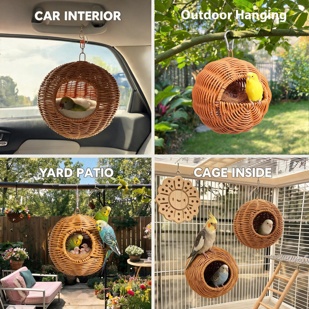 TYDBT Bird Nest for Cage, Hanging Rattan Parrot Bed, Washable Breathable for Parakeets Cockatiels Lovebirds(Circular Opening)
