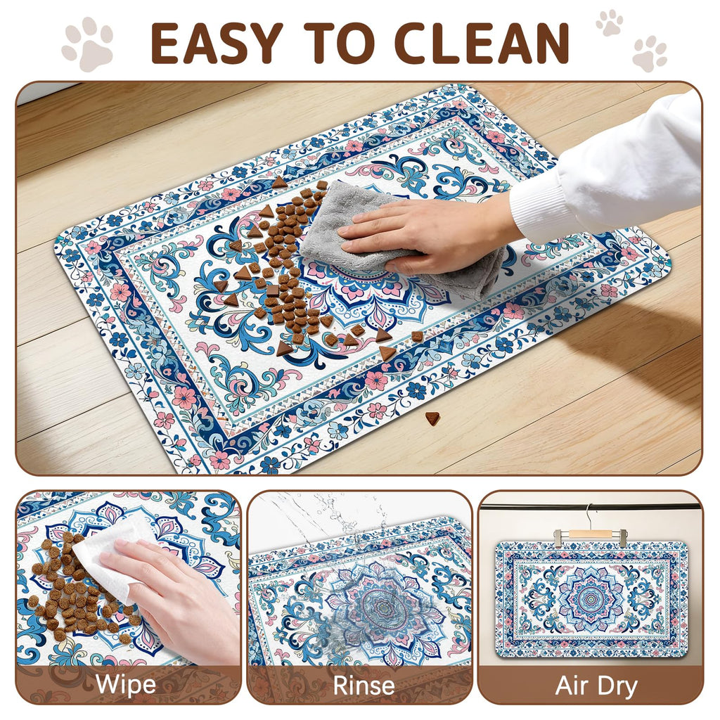 Dog Food Mat for Bowls, Absorbent Quick Dry Dog Cat Mats for Food and Water, Non-Slip Backing Pet Mat Pet Supplies - Blue Vintage Floral Pattern