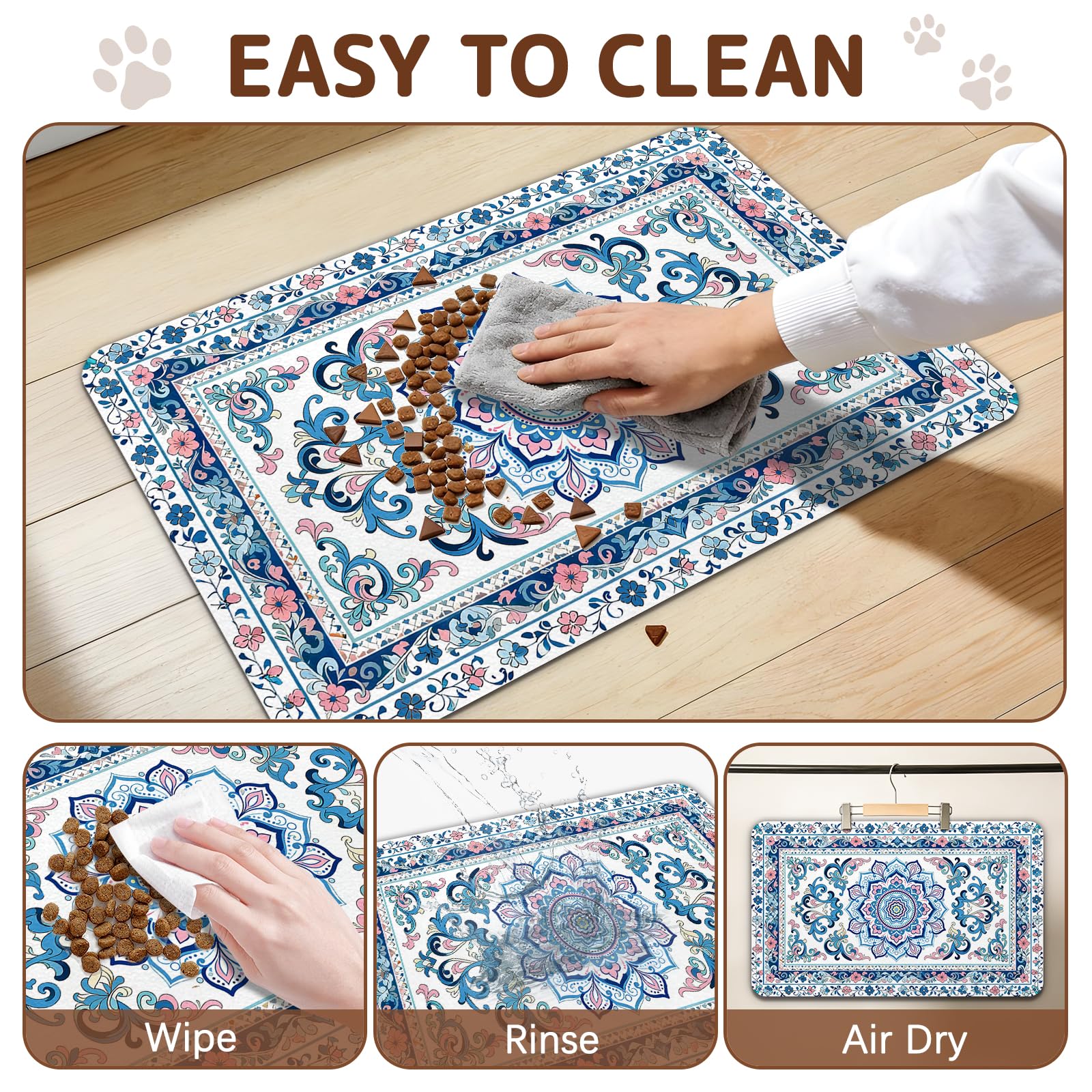 Dog Food Mat for Bowls, Absorbent Quick Dry Dog Cat Mats for Food and Water, Non-Slip Backing Pet Mat Pet Supplies - Blue Vintage Floral Pattern