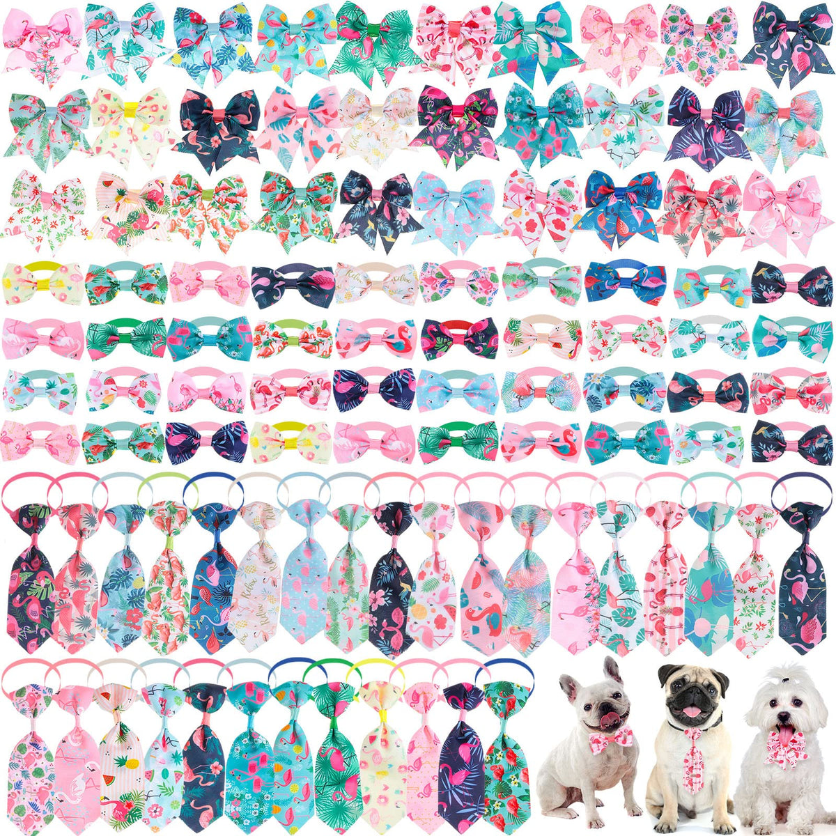 100 Pieces Adjustable Dog Bow Tie Collar Set, Flamingo