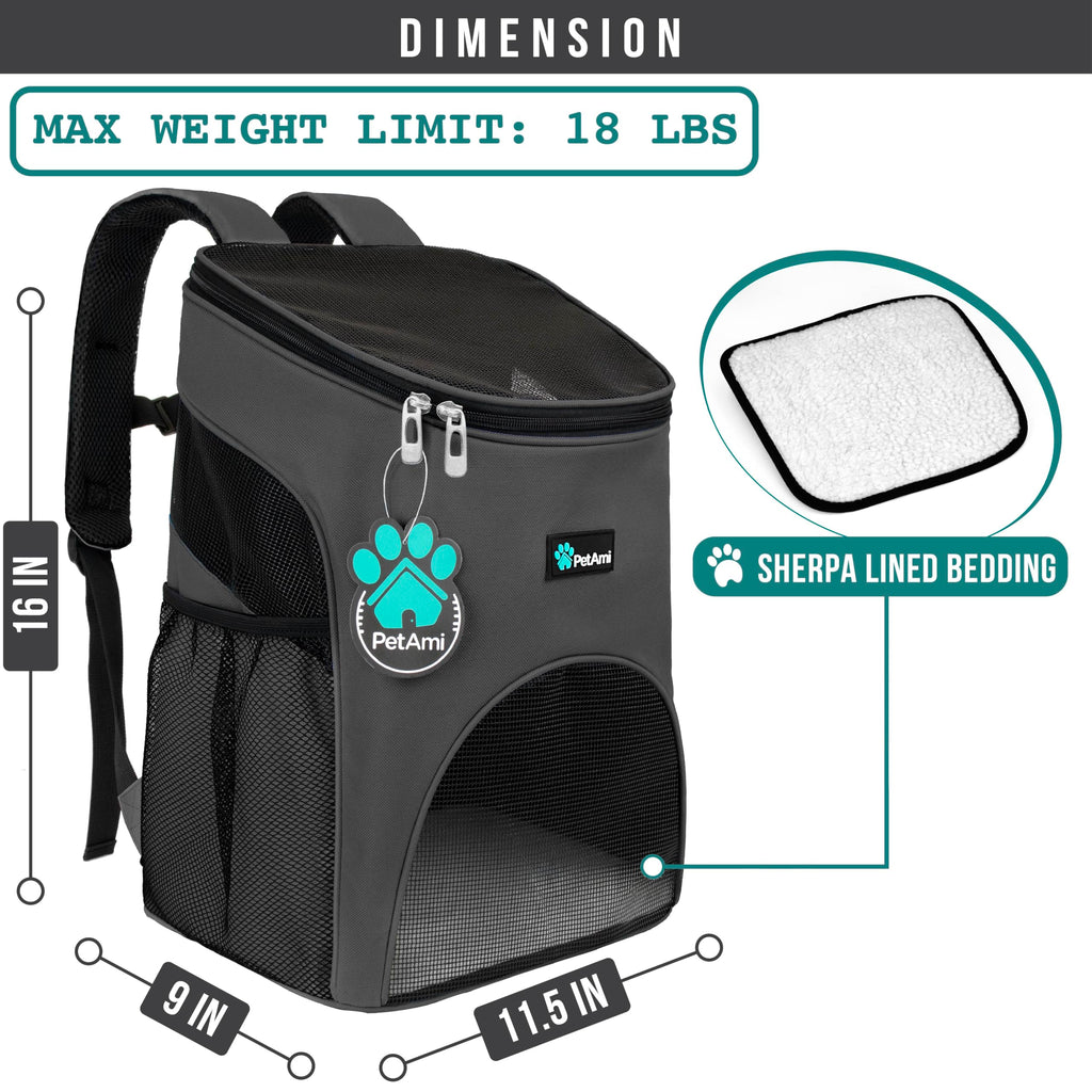 PetAmi Cat Backpack Carrier, Airline Approved Pet Carrier Backpack for Small Dogs and Large Cats, Soft Sided Collapsible Ventilated with Sherpa Bed for Hiking Travel, Max 18 lbs, Gray