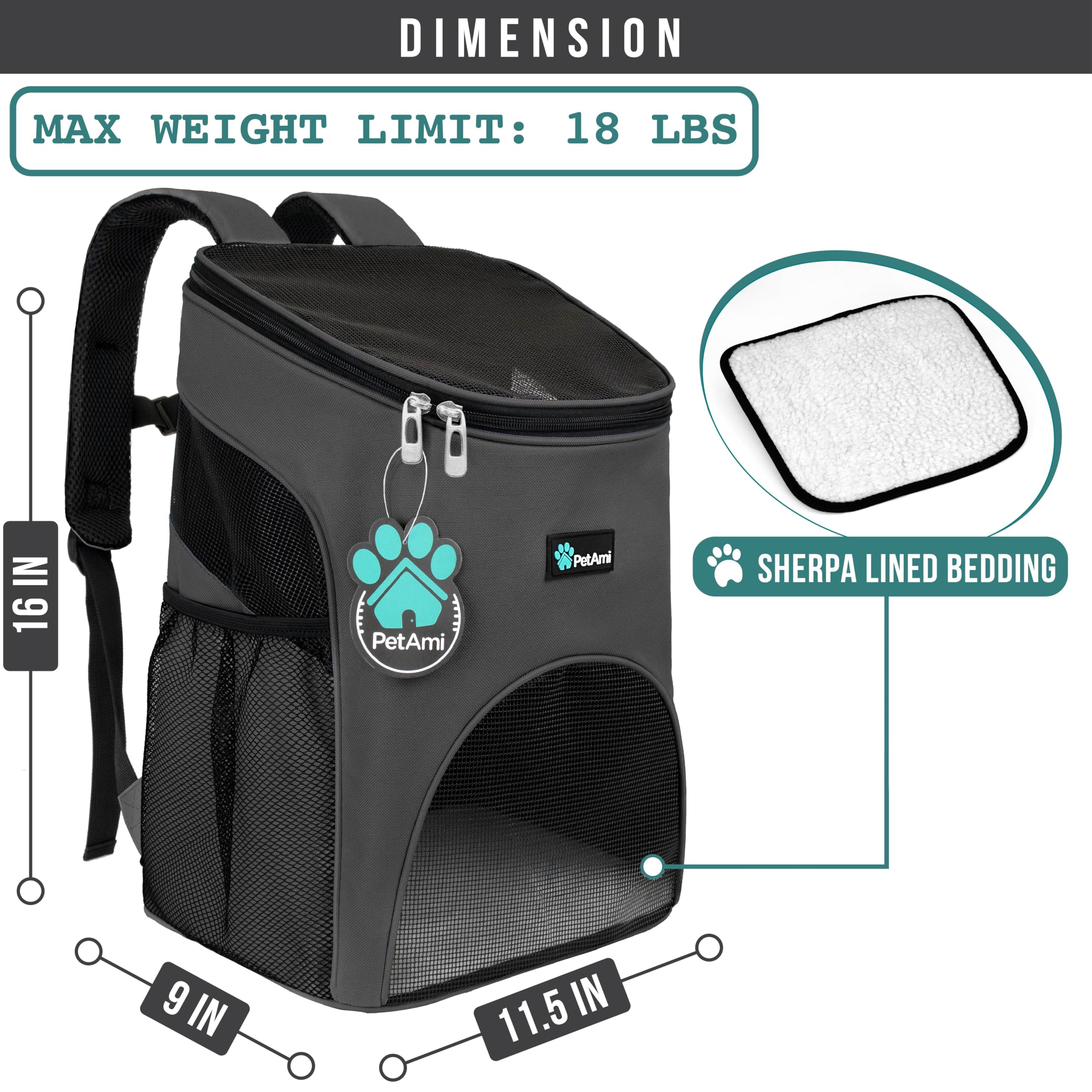 PetAmi Cat Backpack Carrier, Airline Approved Pet Carrier Backpack for Small Dogs and Large Cats, Soft Sided Collapsible Ventilated with Sherpa Bed for Hiking Travel, Max 18 lbs, Gray