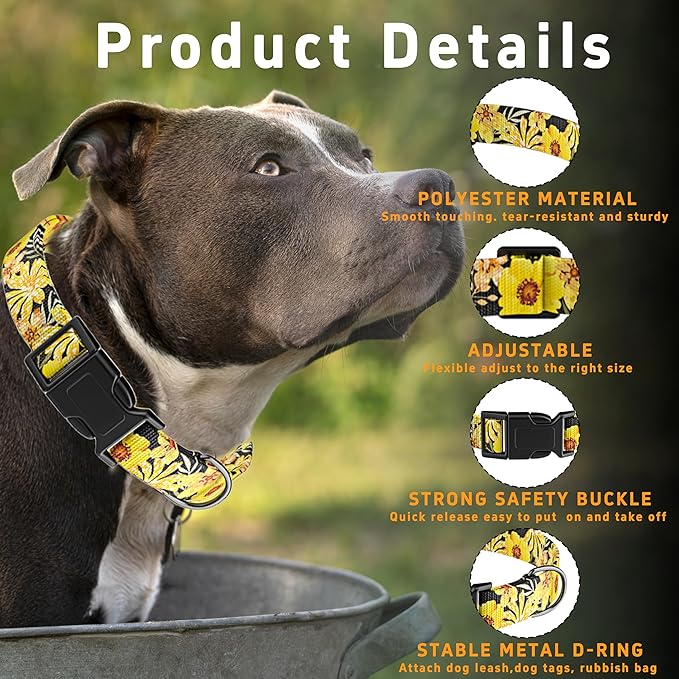 Seyezo Dog Collar for Boys & Girls, Adjustable Soft Floral Pattern Pet Collar with Safety Buckle for Small to Large Dogs (Yellow, XL)