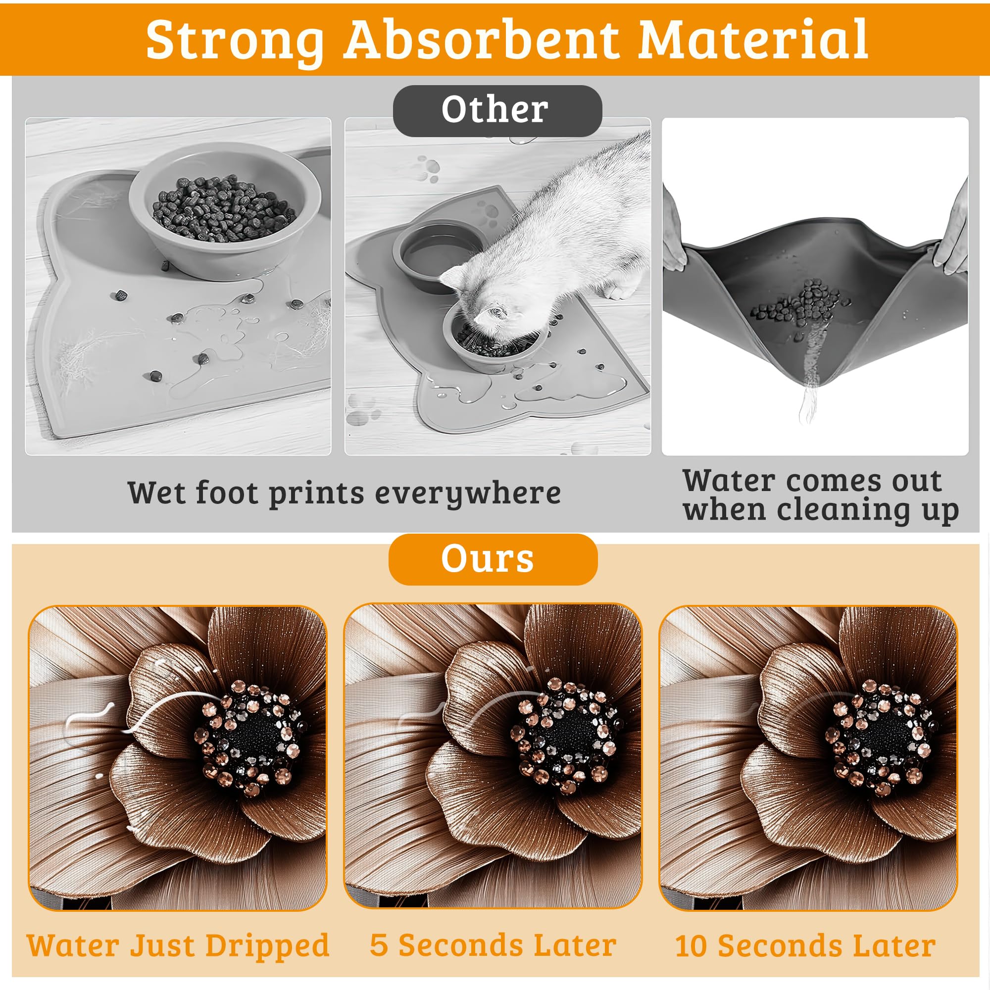 Black Brown Flower Feeding Mat,Artistic Absorbent Quick-Dry Cat Dog Food and Water Bowl Mats,Non-Slip Rubber Backing Mat,Cat Dog Accessories Supplies 16" x 24"