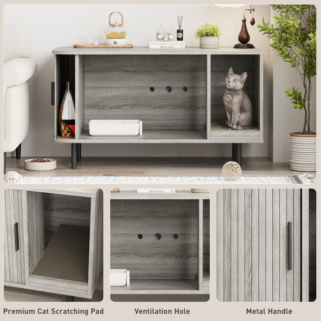 Halitaa 37.4" Cat Litter Box Enclosure with Scratch Pad, Sliding Door