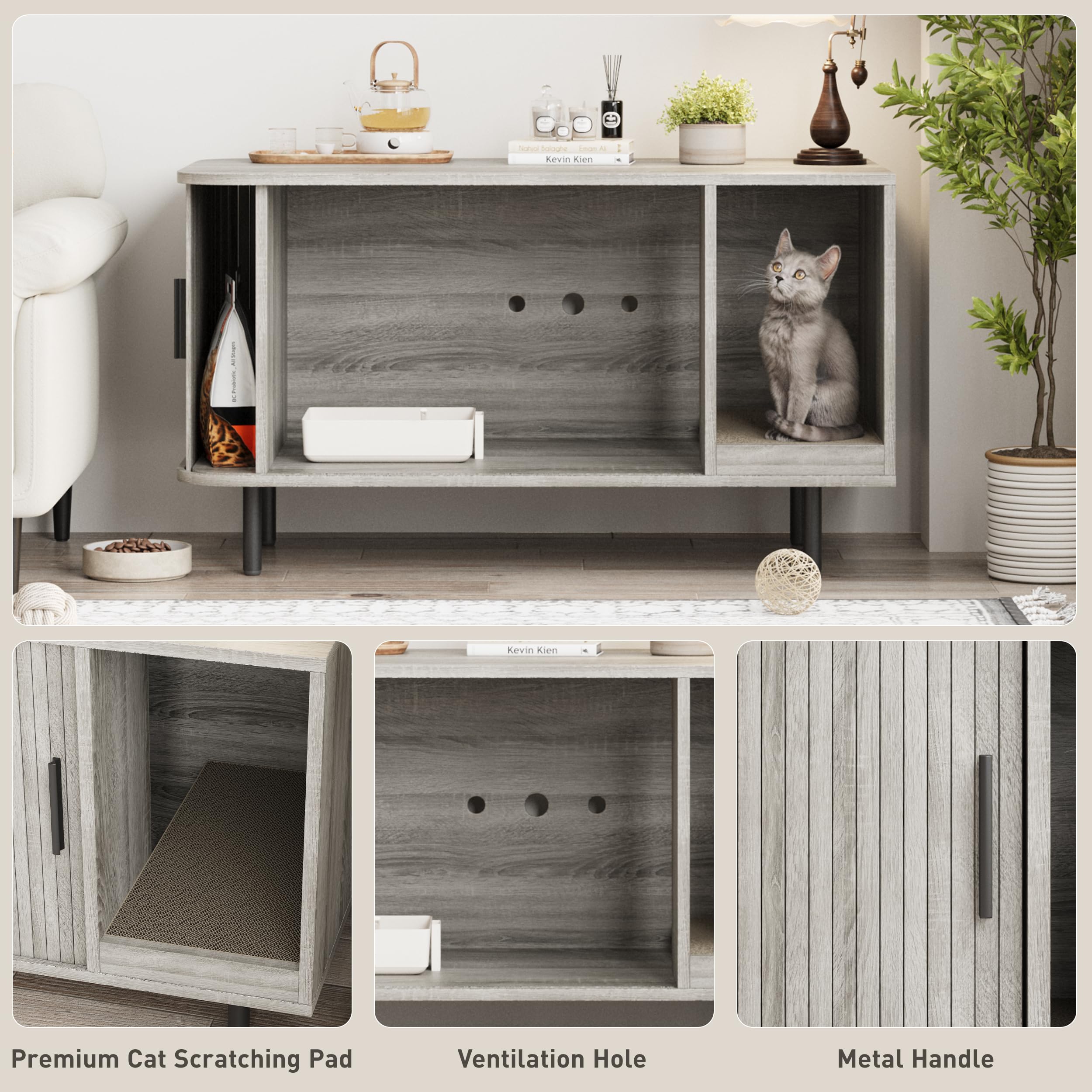 Halitaa 37.4" Cat Litter Box Enclosure with Scratch Pad, Sliding Door