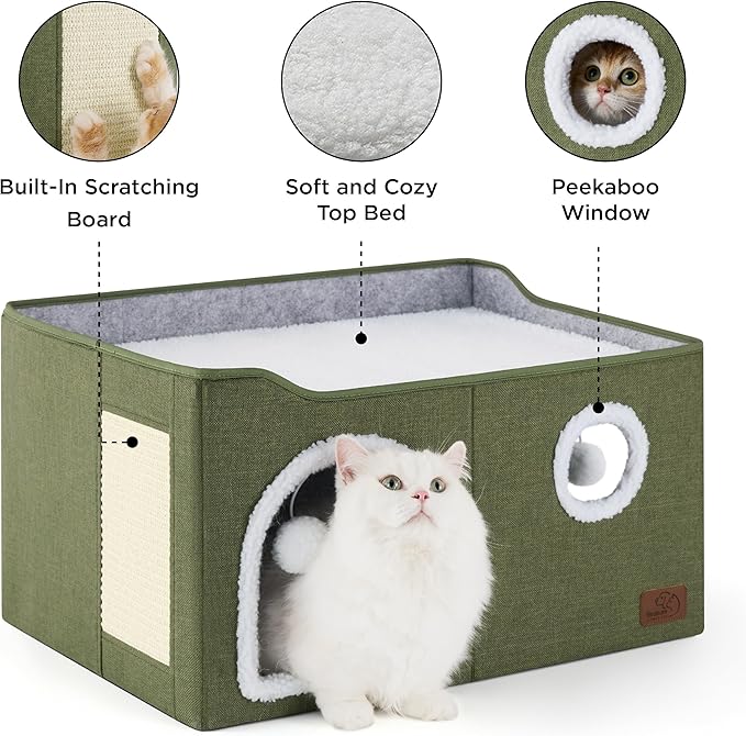 Bedsure Extra Wide Cat House Bed with Fluffy Ball and Scratch Pad