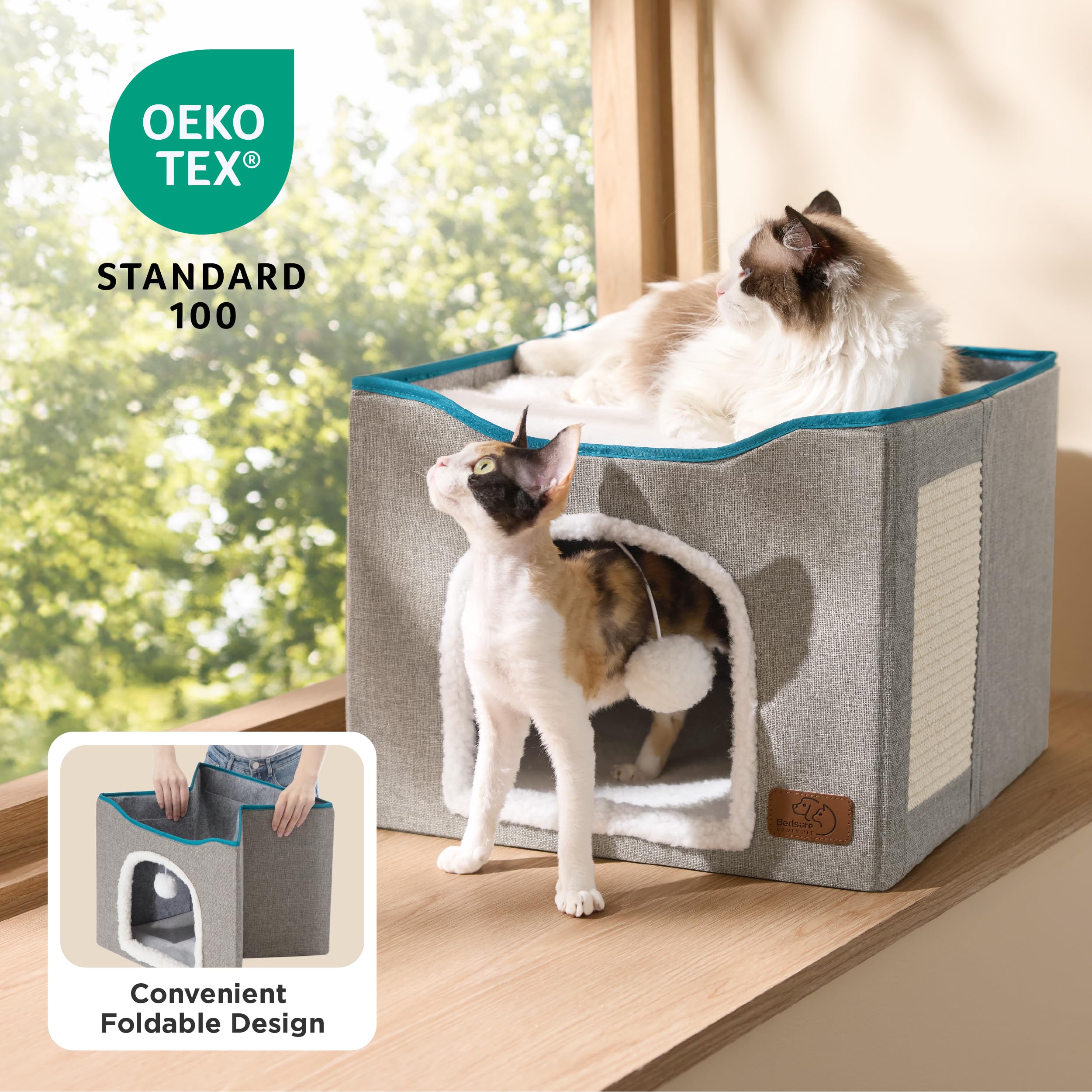 Bedsure Cat House Bed for Indoor Cats with Fluffy Ball and Scratch Pad,Grey