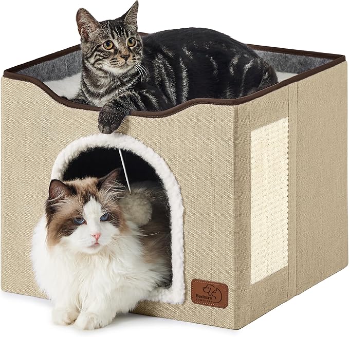 Bedsure Cat House Bed for Indoor Cats with Fluffy Ball and Scratch Pad