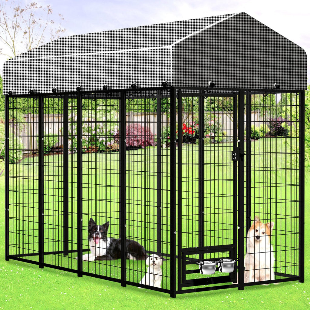 Kicari Large Dog Kennel Outside with Roof, Heavy-Duty Indoor Outdoor Dog Run Dog Enclosure with Removable Cover, Dog Pens Outside Playpen with Latch-Lock & Swivel Feeding Door, 4x8x6 Ft