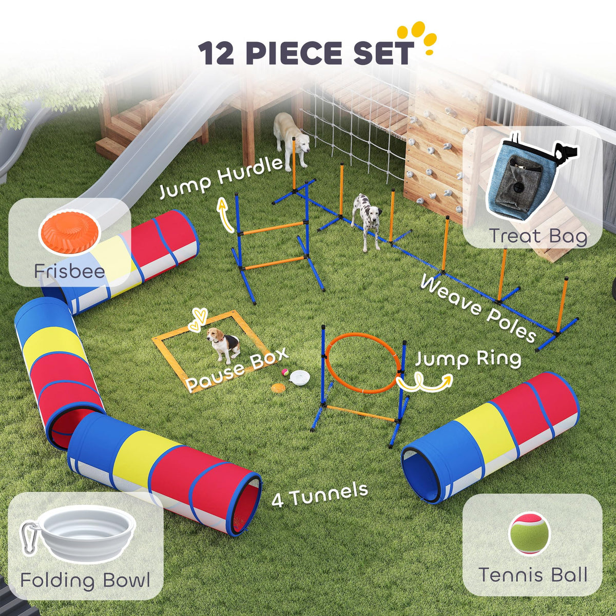 PawHut Dog Agility Training Equipment 12-Piece Adjustable Hurdle & Ring
