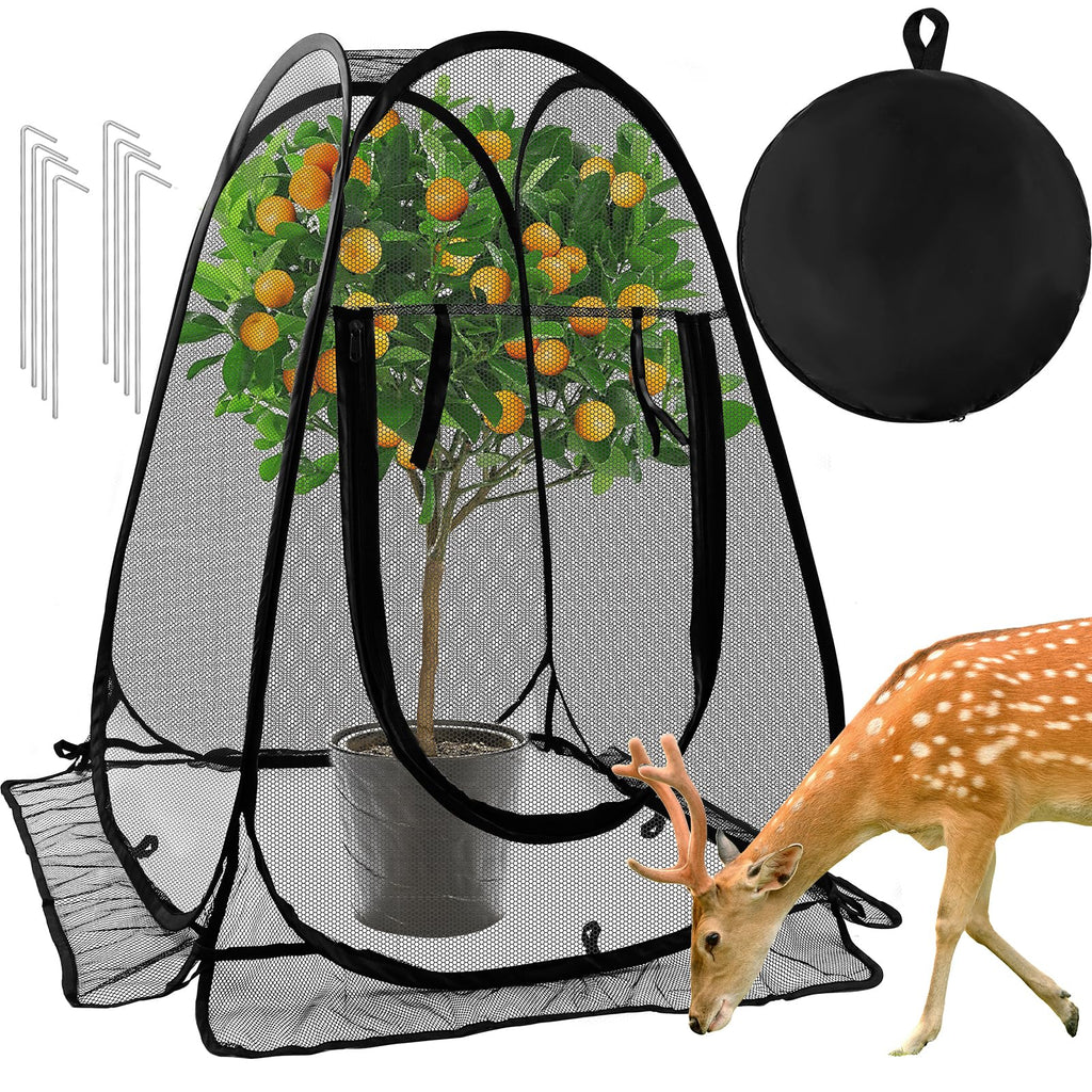 Pop Up Mesh Plant Protectors from Animals,Large Plant Netting Guard Cover with 8 Stake Crop Cage Fine Mesh Plant Tents for Protect Flower Tomato Vegetable from Deer Cat Bird Squirrel, 28x28x34 in