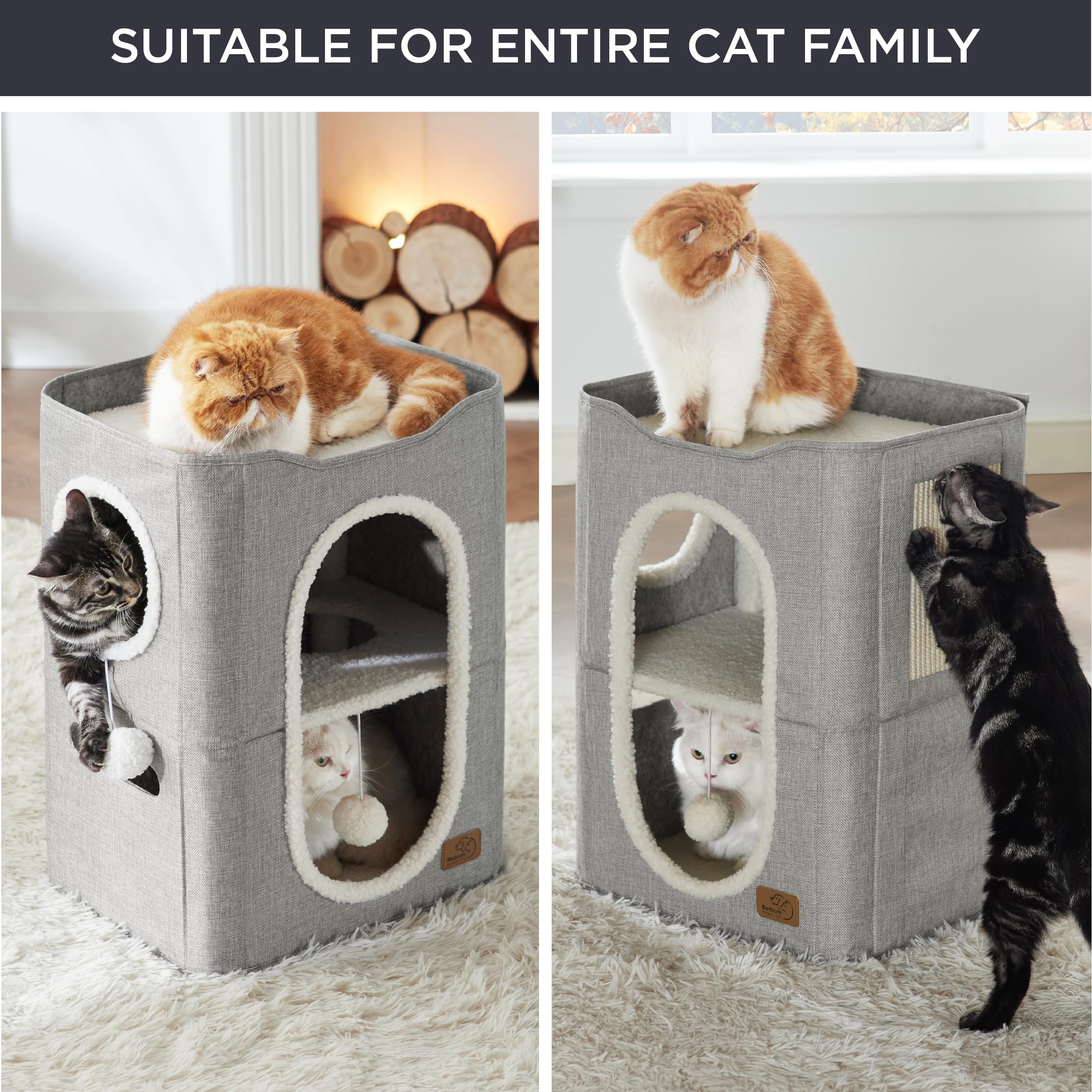 Bedsure 2 Story Cat House for Indoor Cats with Scratch Pad,18x14x23 Grey