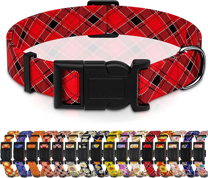 Seyezo Christmas Plaid Dog Collar, Classical Boys Girls Puppy Collar for Small Medium Large Dogs, Adjustable Soft Plaid Pet Collar with Safety Buckle for Male Females(Red Plaid, M)