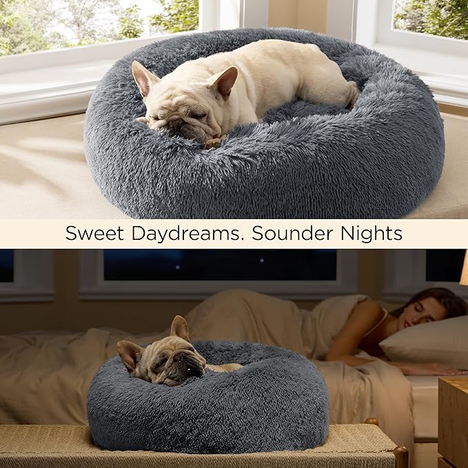 Bedsure Calming Cat Beds for Indoor Cats - Small Cat Bed Washable 20 inches, Anti-Slip Round Fluffy Plush Faux Fur Pet Bed, Fits up to 15 lbs Pets, Dark Grey