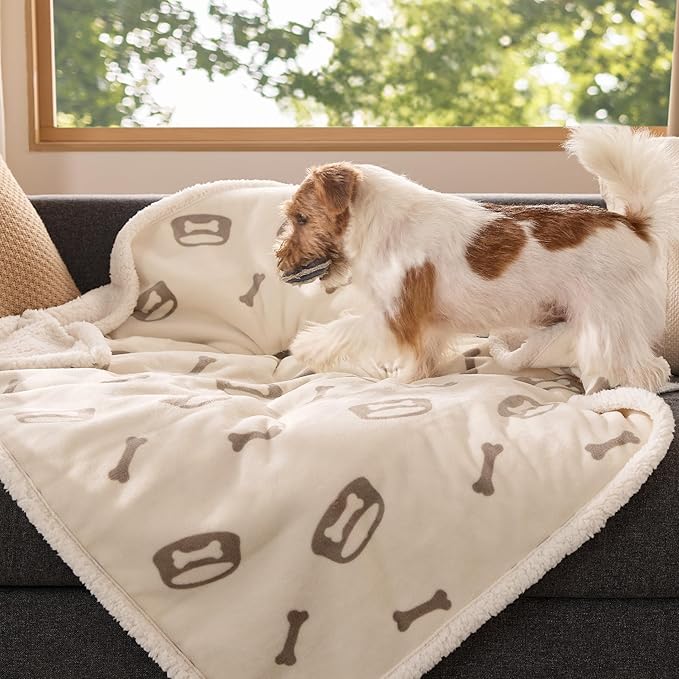 Bedsure Waterproof Dog Blankets for Medium Dogs Washable - Soft Print Sherpa Fleece Puppy Cat Blanket, Cozy Plush Reversible Throw Furniture Protector for Pet Kitten Doggy, 30"X40", Beige