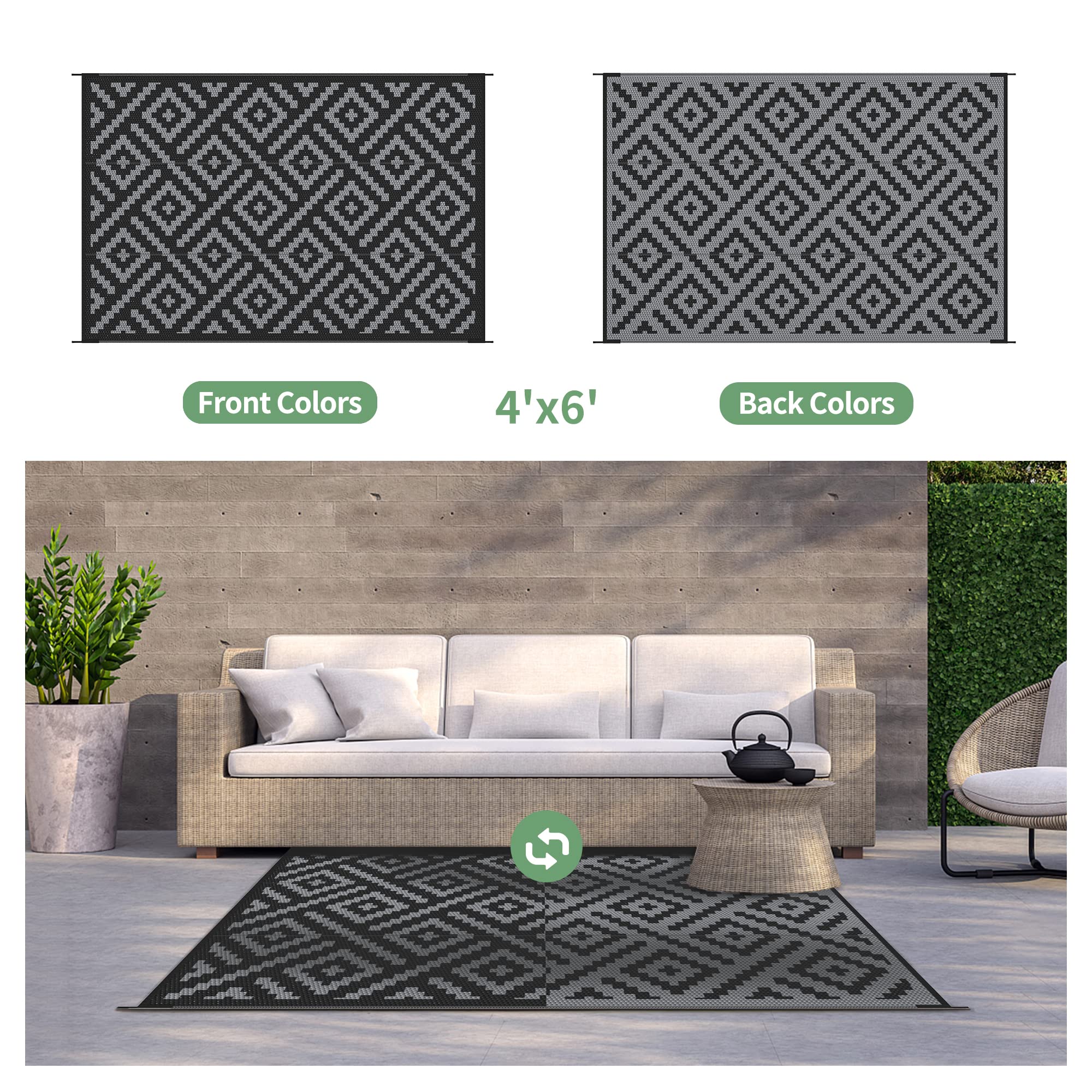 GENIMO Outdoor Rug 4x6 Waterproof, Reversible Mats, Outdoor Area Rug, Plastic Outside Carpet, Eeometric Rv Mat for Patio Camping Rv Picnic Backyard Deck Balcony Porch Beach (Black & Grey)