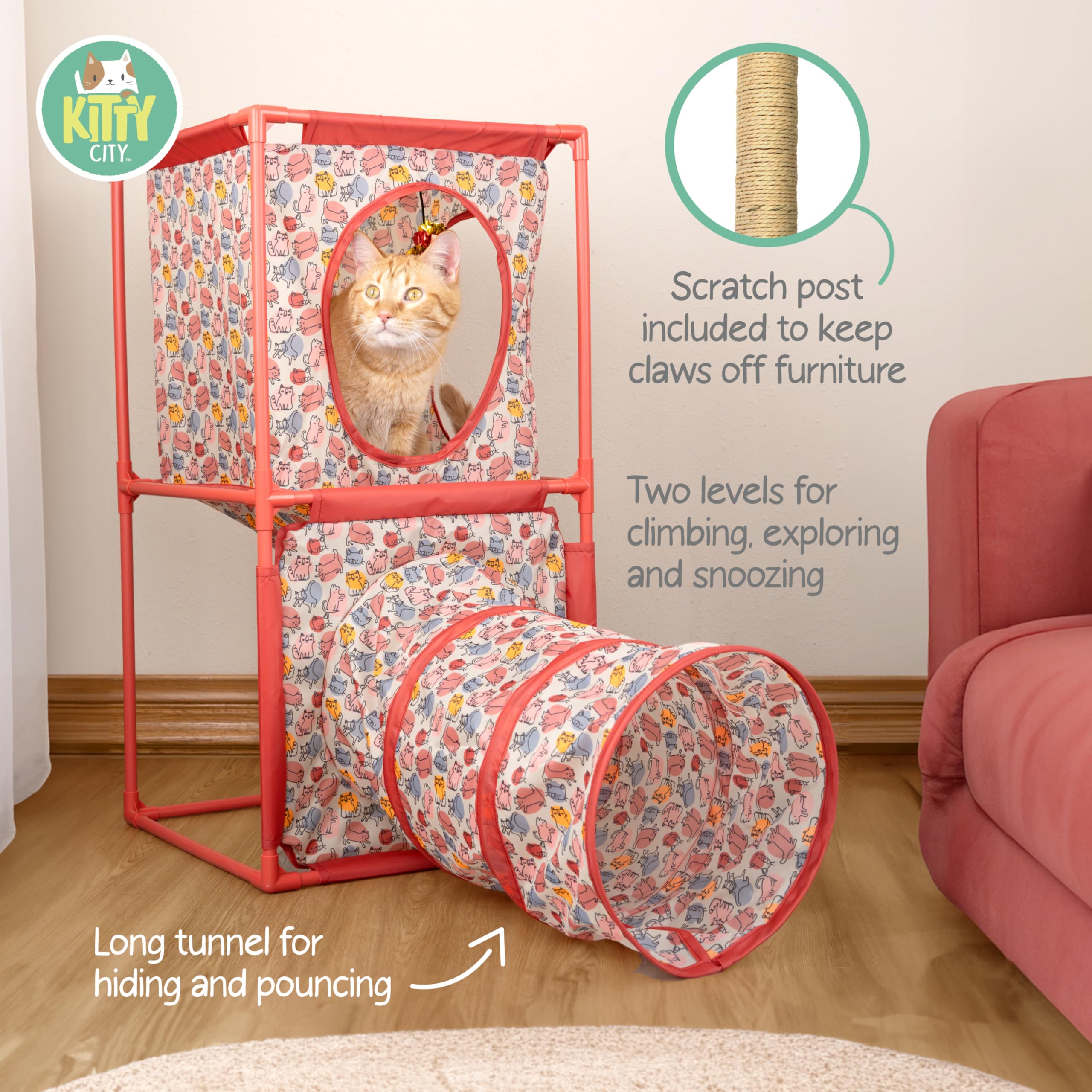 Kitty City Cozy Cube Retreat Cat Tower with Tunnel, Scratching Post & Hanging Toy, Dual-Level Indoor Cat Play Furniture for Climbing, Hiding & Lounging, Red