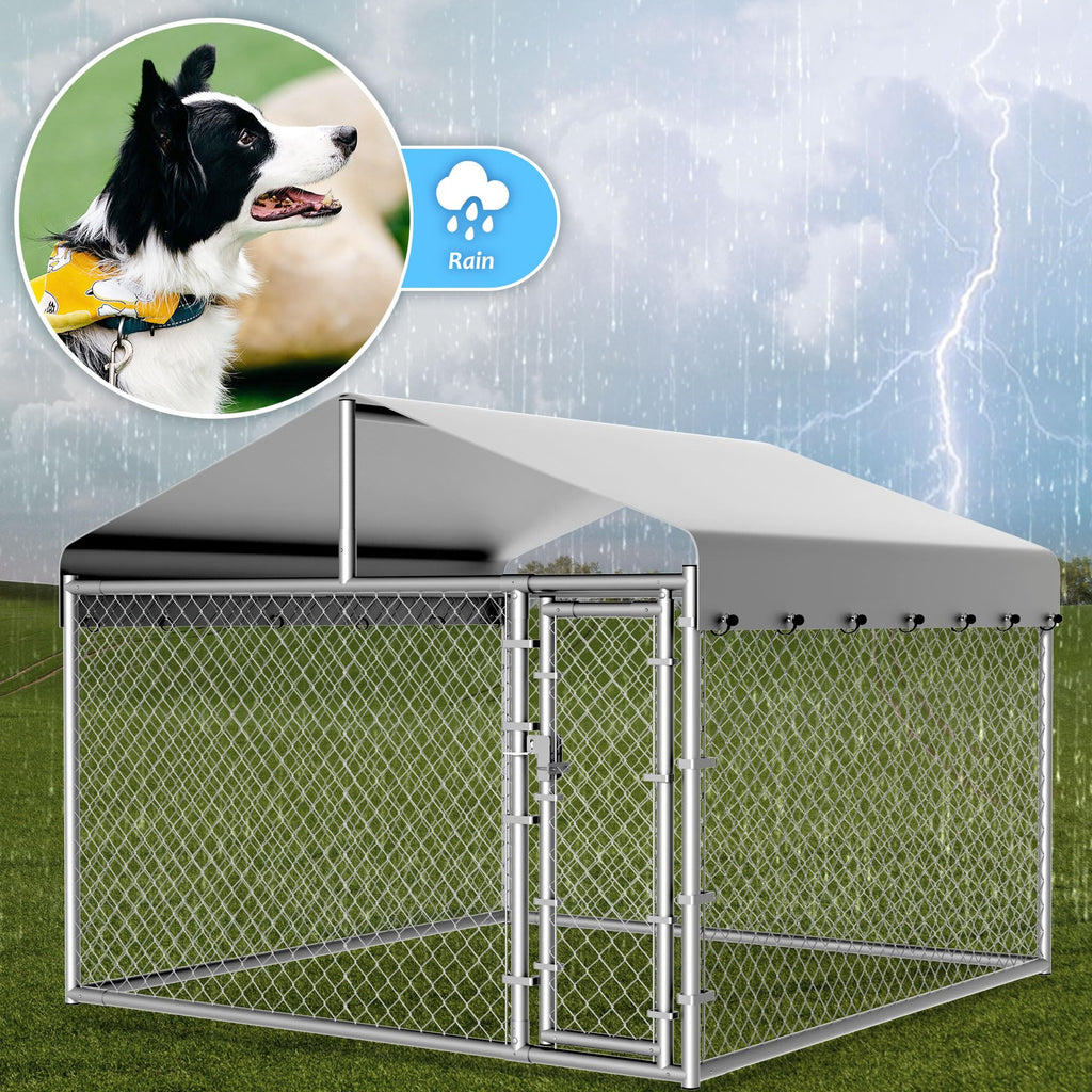 Dog Kennel Outside with Roof, Large Dog Run Enclosure, Outdoor Heavy Duty Pens House Pet Playpen with Galvanized Chain Link Waterproof Cover and Secure Lock(6.76'Lx6.76'Wx5.64'H)