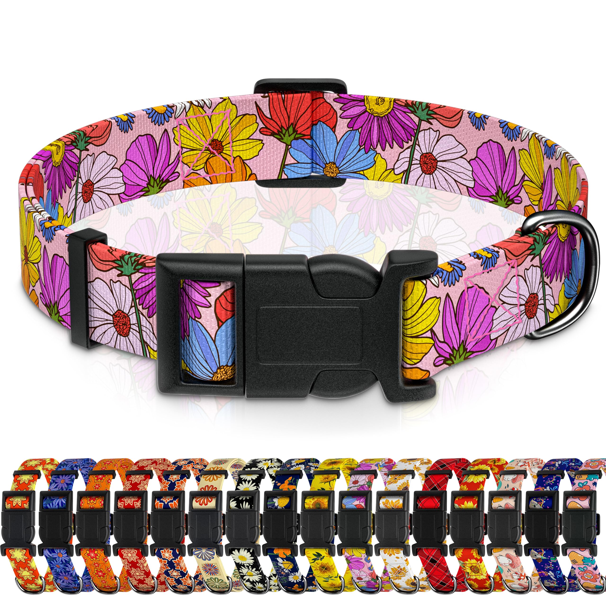 Seyezo Dog Collar, Pink Floral Boys Girls Puppy Collar for Small Medium Large Dogs, Adjustable Soft Floral Pet Collar with Safety Buckle for Male Females(Pink Floral, XS)