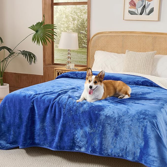 Sunheir Waterproof Blanket for Queen Size Bed - 90"x86" Soft Reversible Sherpa Fleece Flannel Dog Blankets for Large Dogs, Pet Blanket for Bed, Couch, Soft Plush Furniture Protector, Blue